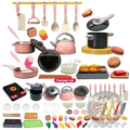 Pink and black plastic kids play kitchen accessories set with 69 pieces for cooking toy role play activities