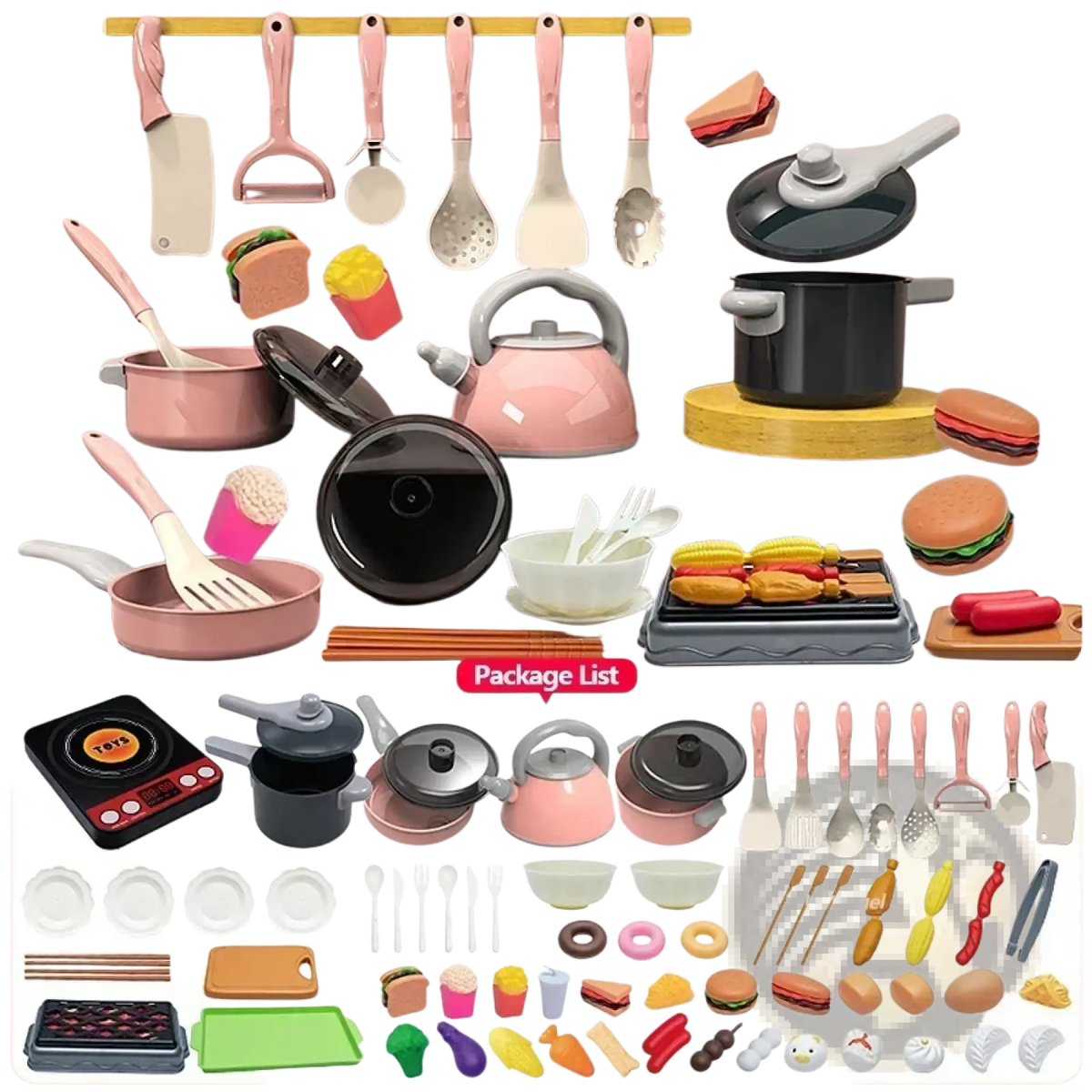 Pink and black plastic kids play kitchen accessories set with 69 pieces for cooking toy role play activities