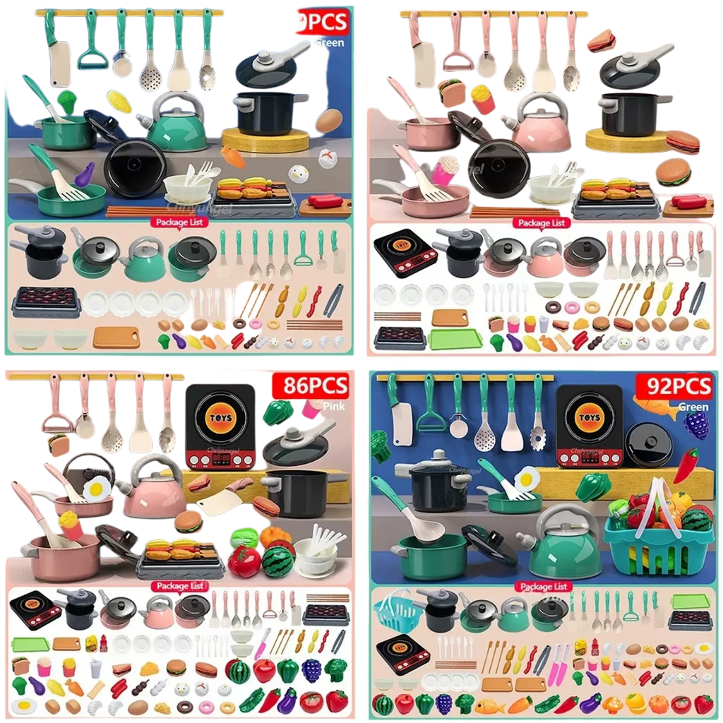 Kids play kitchen accessories set with colorful green and pink plastic utensils and black pots and pans for cooking toys