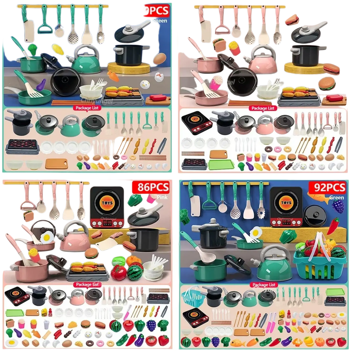 Kids play kitchen accessories set with colorful green and pink plastic utensils and black pots and pans for cooking toys