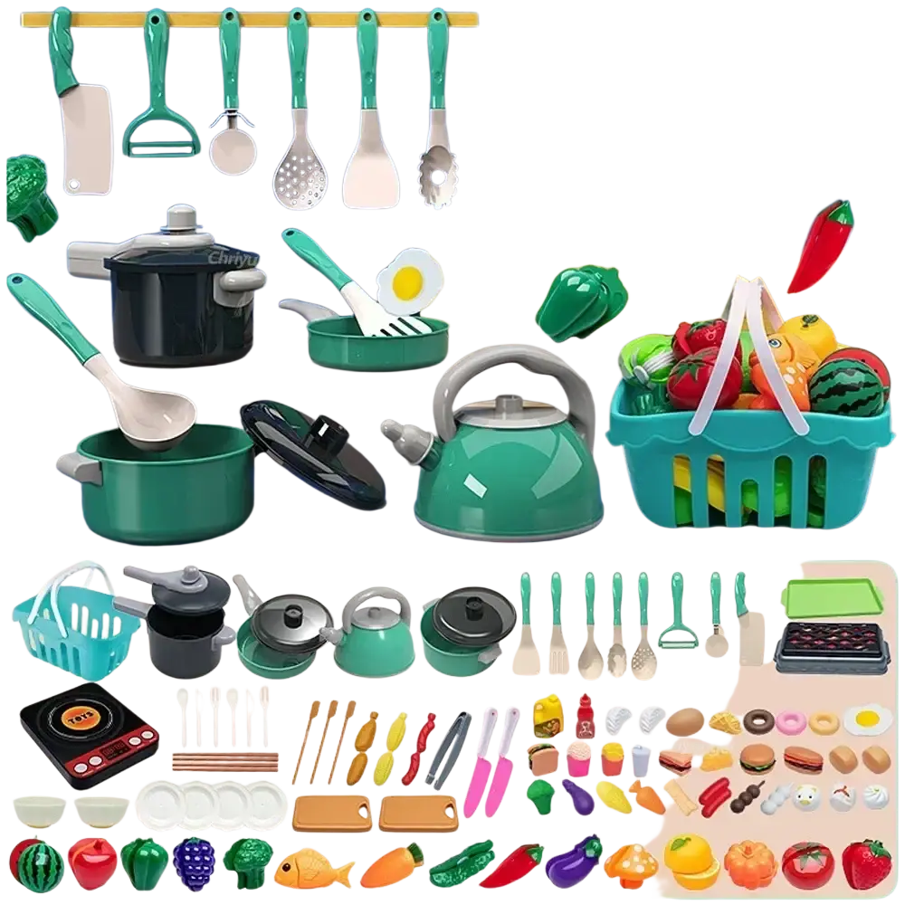 Green plastic kids play kitchen accessories set with black and silver accents for cooking toys and pretend play