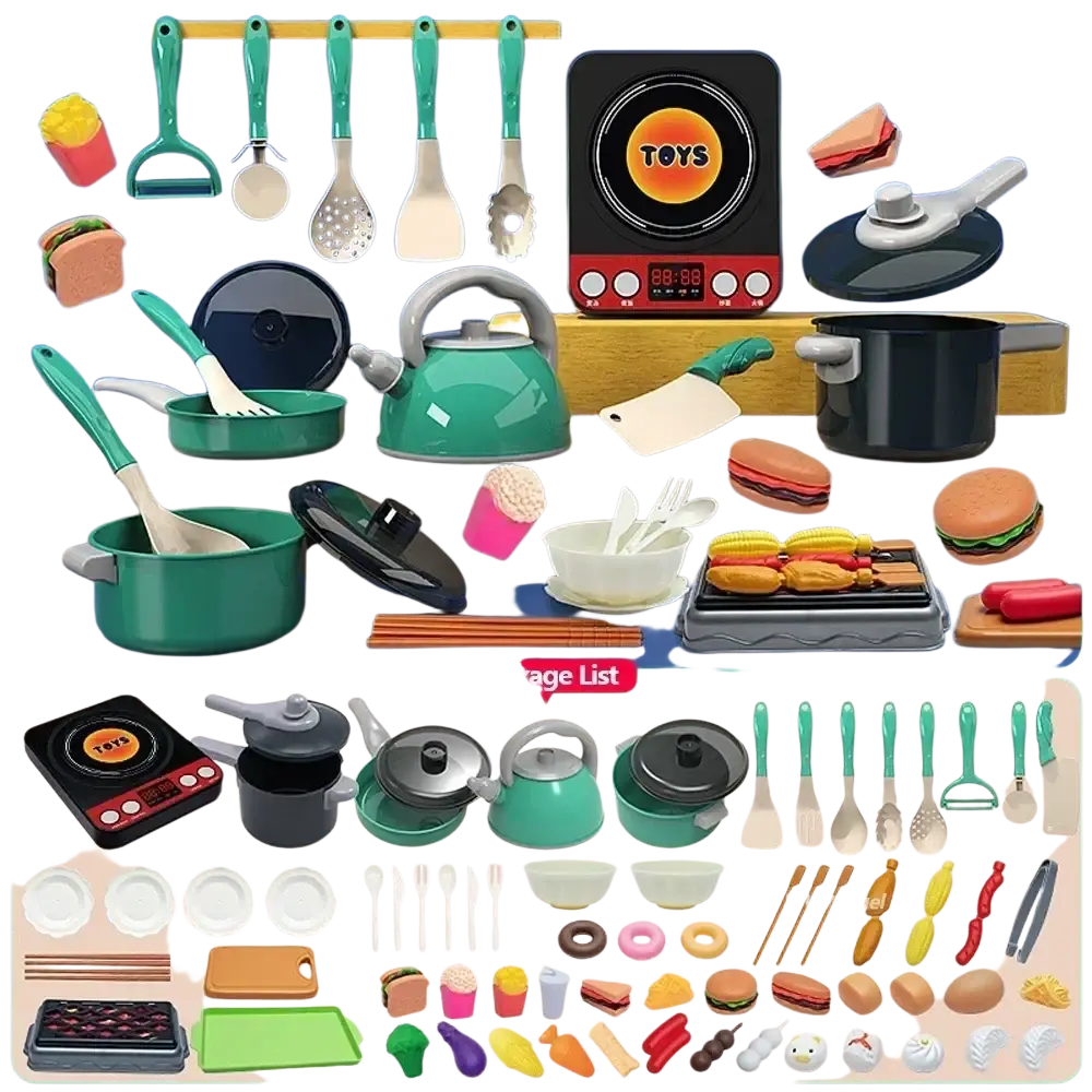 Green plastic kids play kitchen accessories set with black induction cooktop pots pans utensils and food items