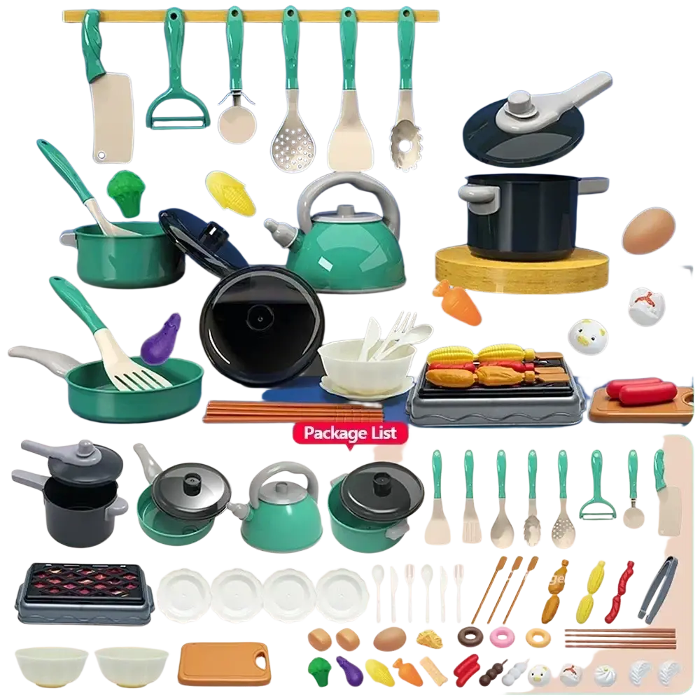 Green plastic kids play kitchen accessories set with assorted utensils pots pans and food items for cooking toys