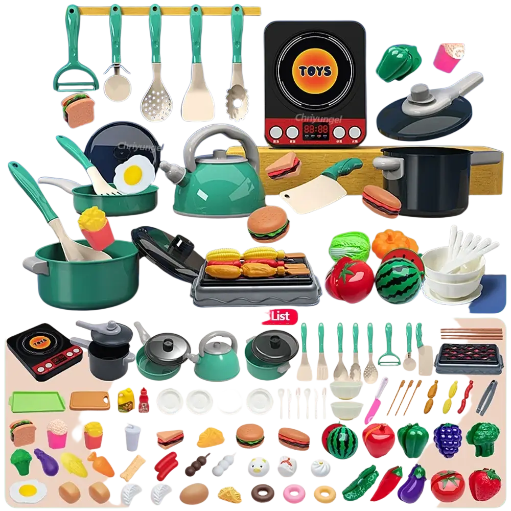 Green plastic kids play kitchen accessories set with realistic food items and utensils for cooking toys