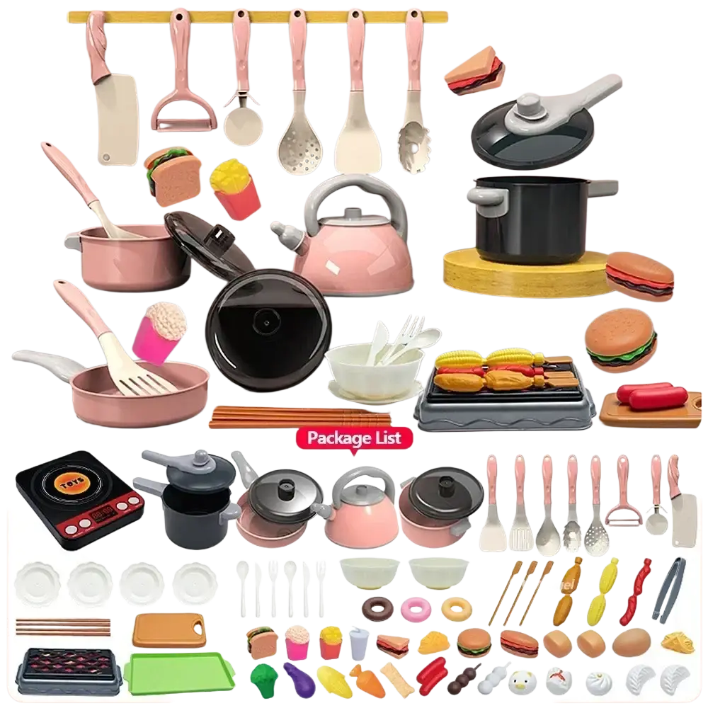 Pink and black plastic kids play kitchen accessories set with 69 pieces for cooking toy role play activities