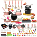 Pink and black plastic kids play kitchen accessories set with 69 pieces for cooking toy role play activities