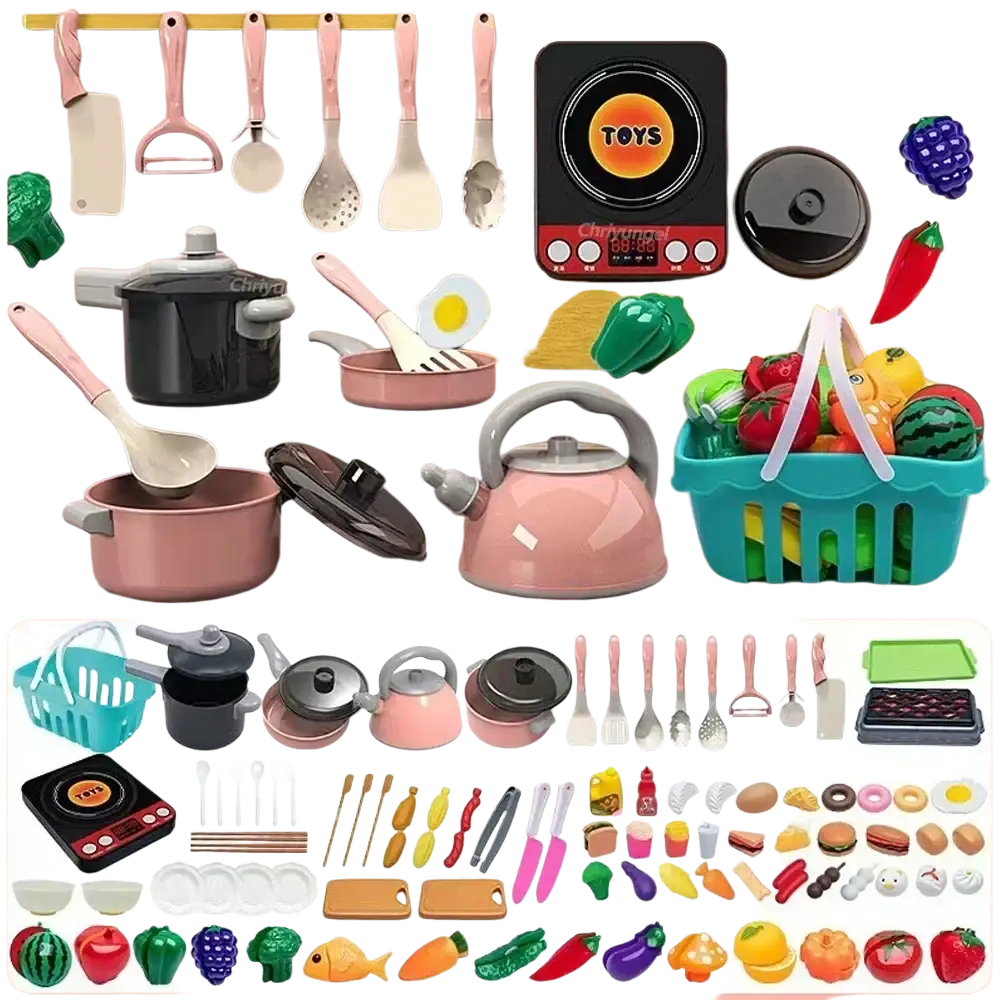 Pink plastic kids play kitchen accessories set with black and silver accents for cooking toys and role play