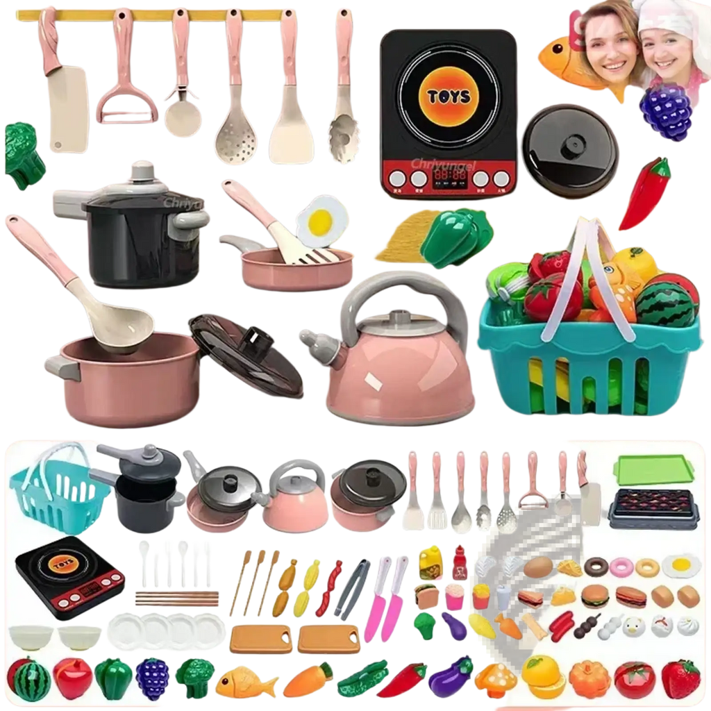 Pink plastic toy kitchen set with black and silver accents for kids play kitchen accessories cooking toys