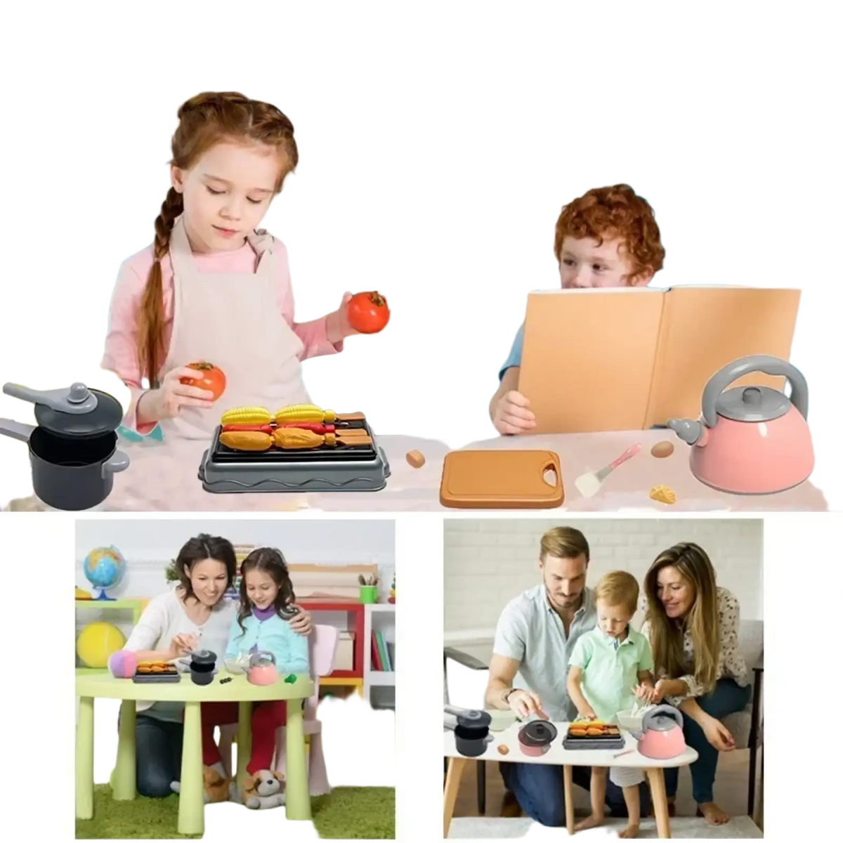 Pink plastic toy kettle with gray handle and lid from kids play kitchen accessories set cooking toys