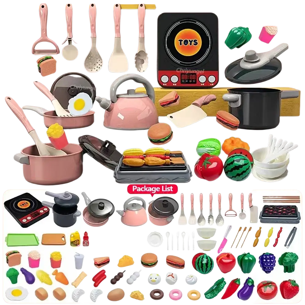 Pink plastic kids play kitchen accessories set with matching utensils and food items for cooking toys playtime