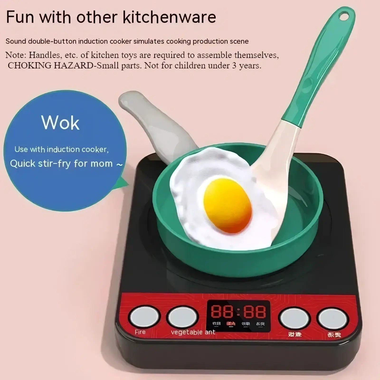 Teal plastic wok with white handle and green spoon containing a cooked egg in kids play kitchen accessories set