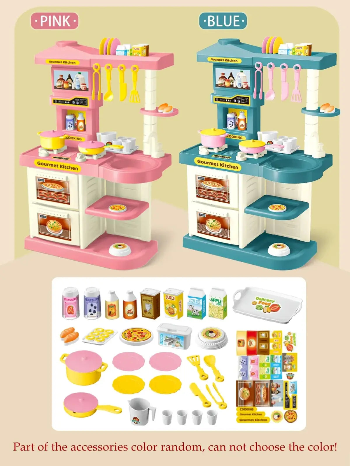 Kids play kitchen accessories set featuring pink and blue plastic utensils pots pans and food for imaginative play