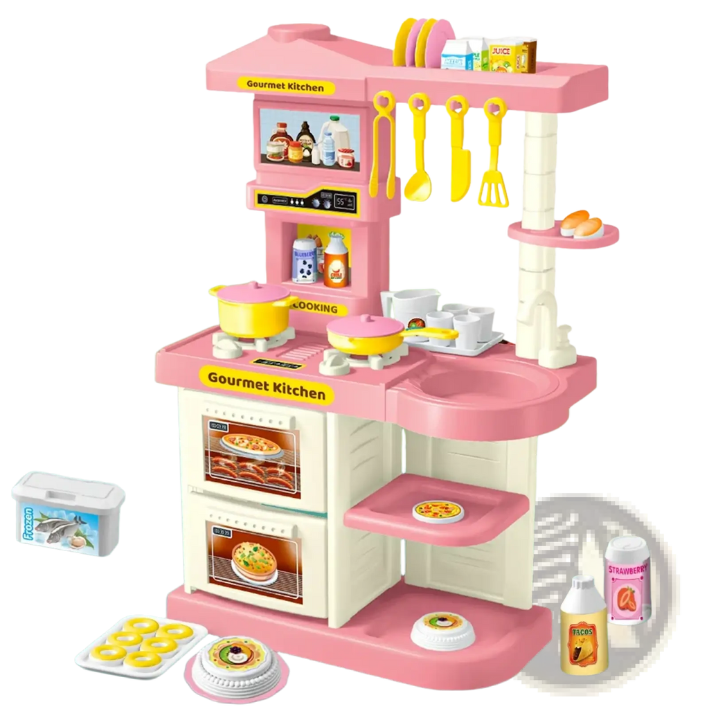 Pink plastic kids play kitchen accessories set with yellow accents and realistic toy food for interactive play