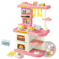 Pink plastic kids play kitchen accessories set with yellow accents and realistic toy food for interactive play