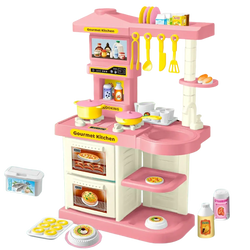 Pink plastic kids play kitchen accessories set with yellow accents and realistic toy food for interactive play
