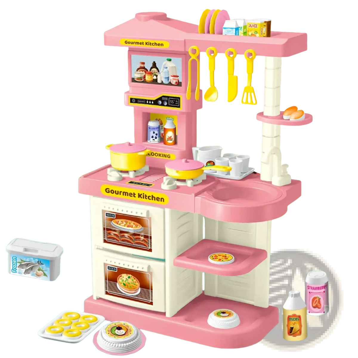 Pink plastic kids play kitchen accessories set with yellow accents and realistic toy food for interactive play