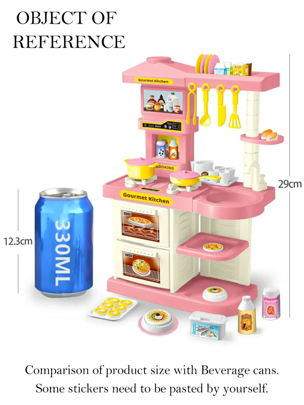 Kids play kitchen accessories set featuring a pink and white plastic toy kitchen with yellow utensils and miniature food items