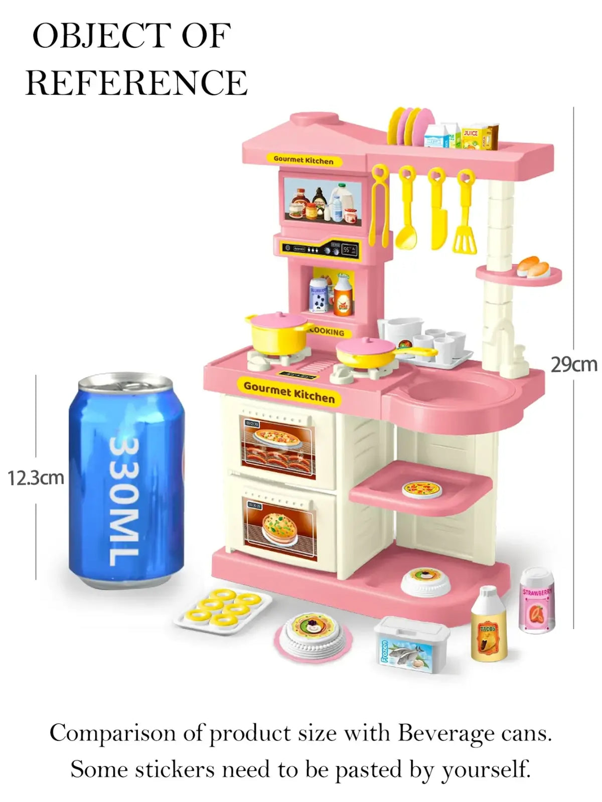 Kids play kitchen accessories set featuring a pink and white plastic toy kitchen with yellow utensils and miniature food items