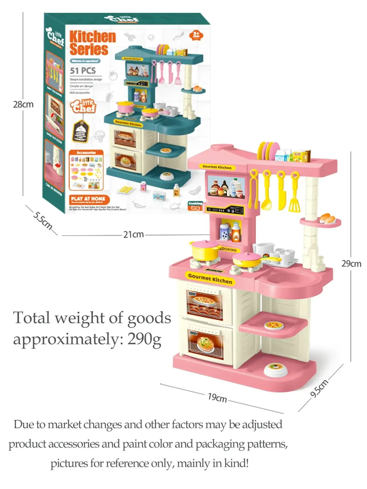 Kids play kitchen accessories set featuring a pink and white plastic toy kitchen with yellow utensils for imaginative play