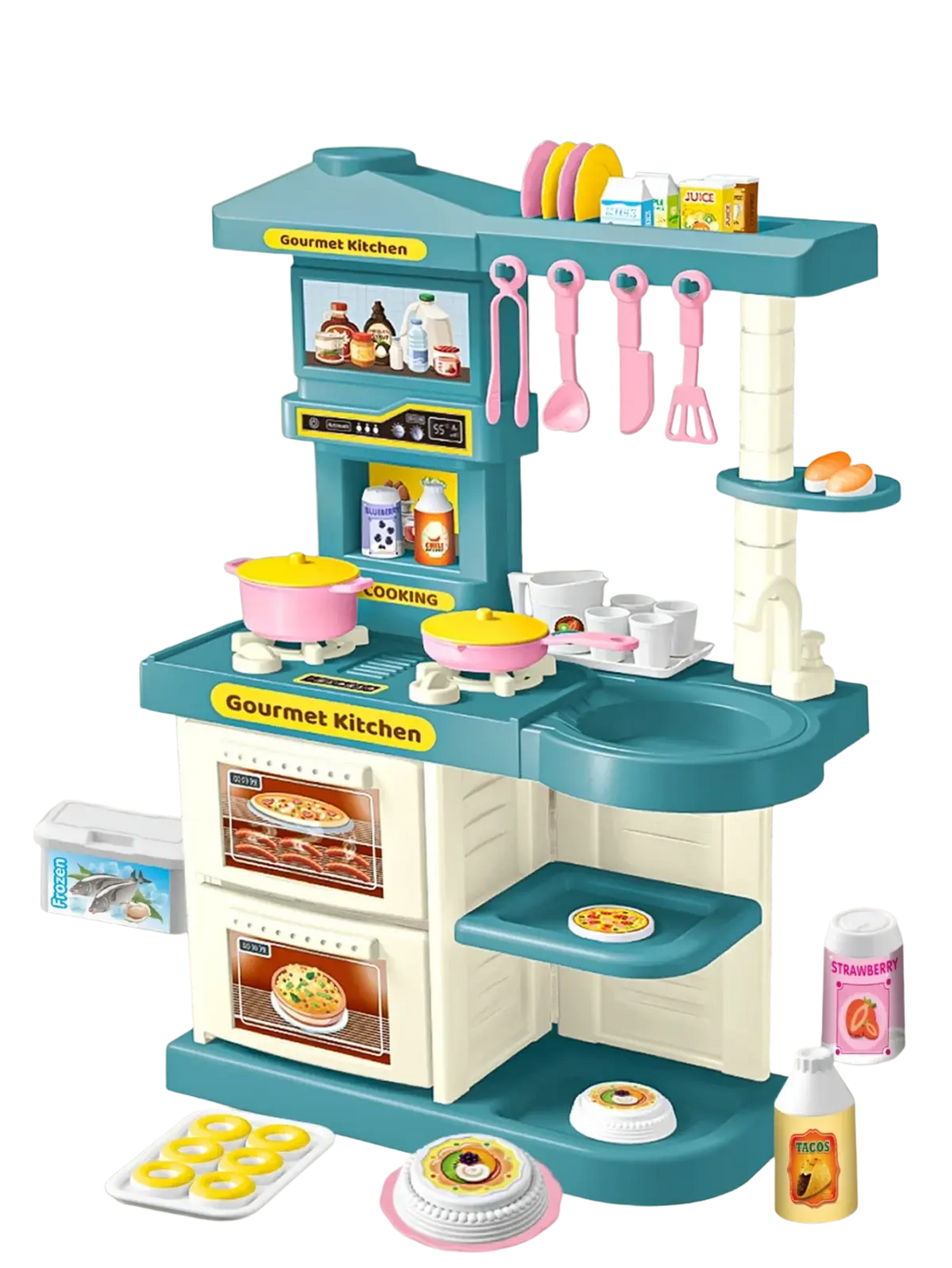 Teal and cream plastic kids play kitchen accessories set with pink utensils, pretend food, and labeled gourmet kitchen sections