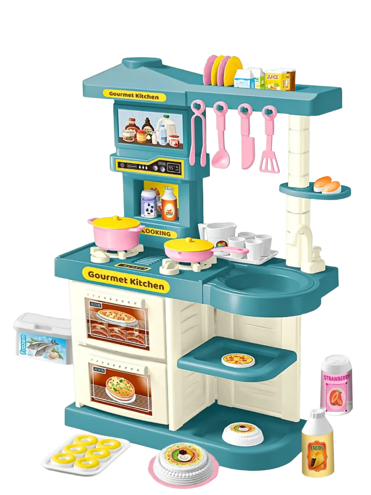 Teal and cream plastic kids play kitchen accessories set with pink utensils, pretend food, and labeled gourmet kitchen sections