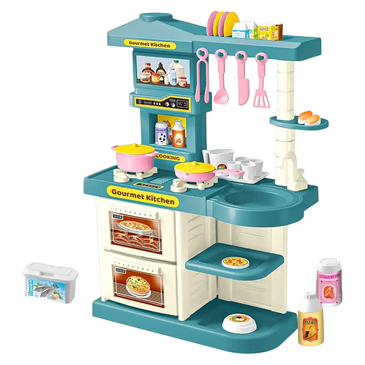 Kids play kitchen accessories set featuring teal and cream plastic kitchen with pink pots utensils and food toys