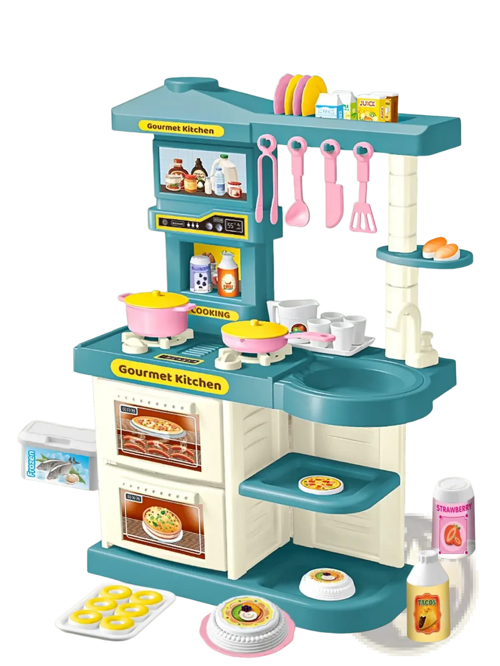 Teal and cream plastic kids play kitchen accessories set with pink utensils, pretend food, and labeled gourmet kitchen sections