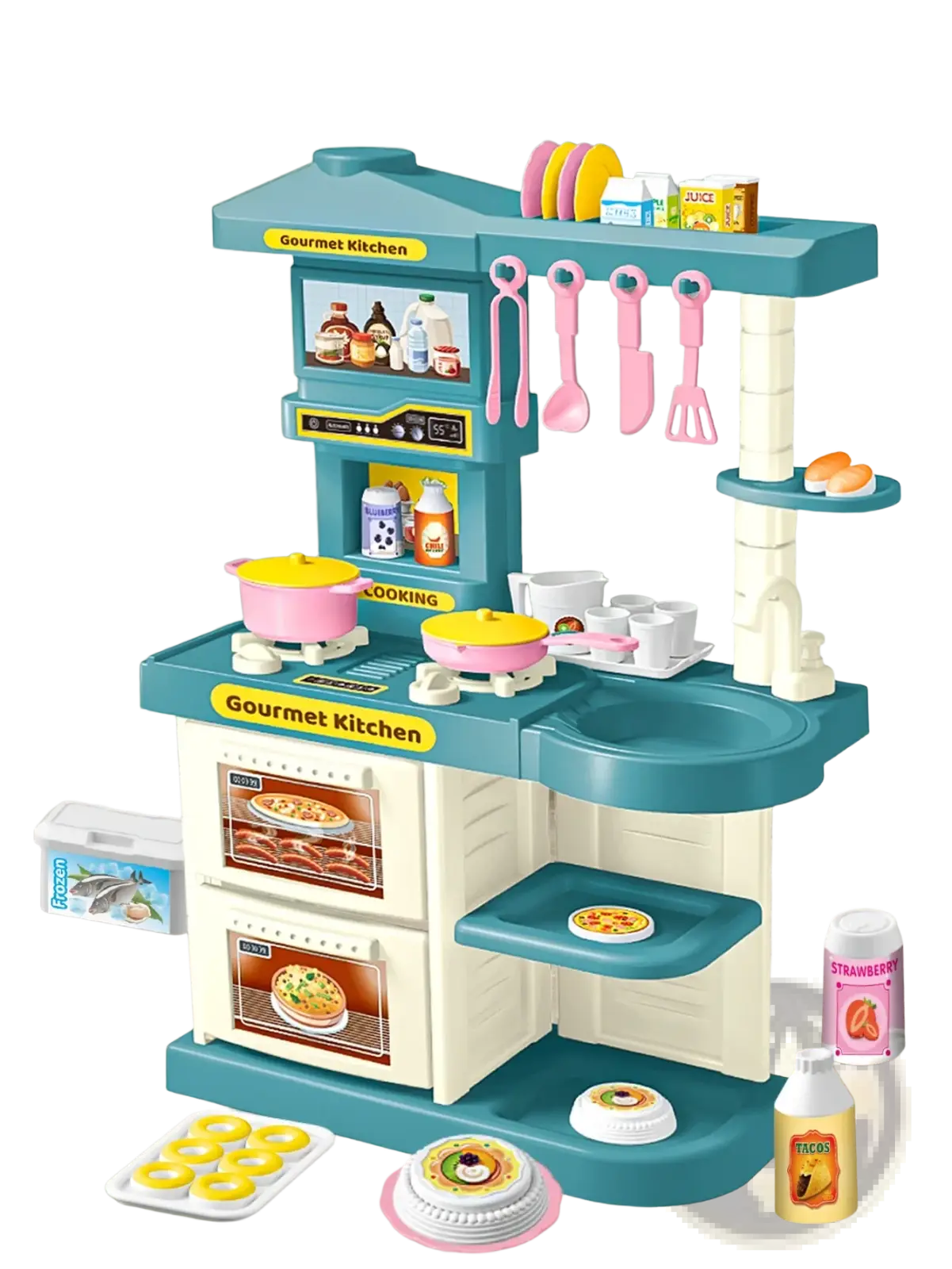 Teal and cream plastic kids play kitchen accessories set with pink utensils, pretend food, and labeled gourmet kitchen sections