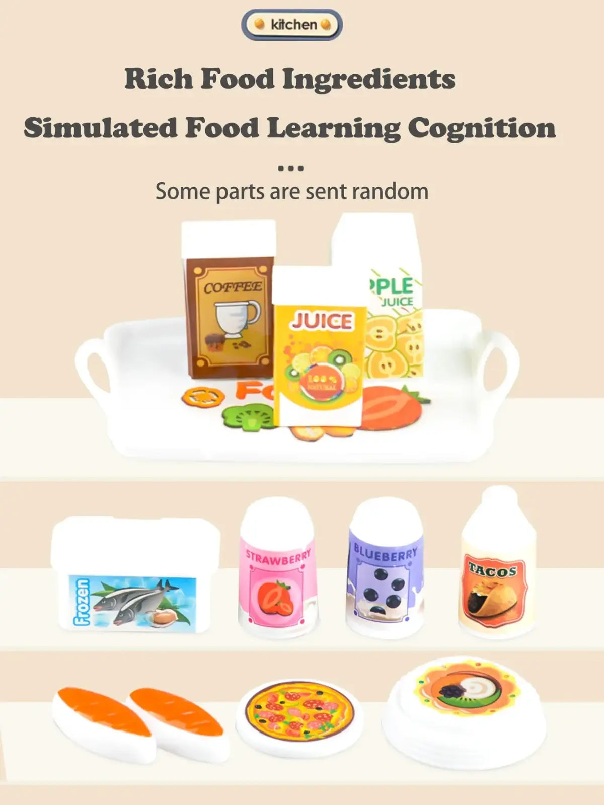 Kids play kitchen accessories set of white plastic toy food with colorful printed labels and cartoon illustrations