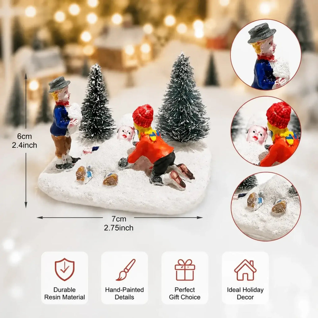 Hand-painted resin kids playing snow christmas village figurine with colorful outfits and miniature pine trees on snowy base