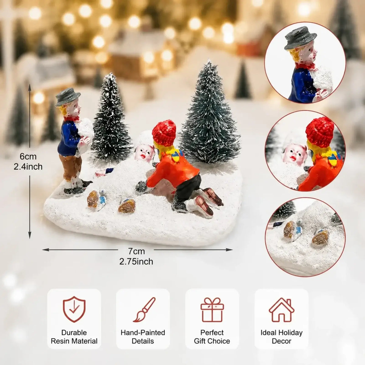 Hand-painted resin kids playing snow christmas village figurine with colorful outfits and miniature pine trees on snowy base