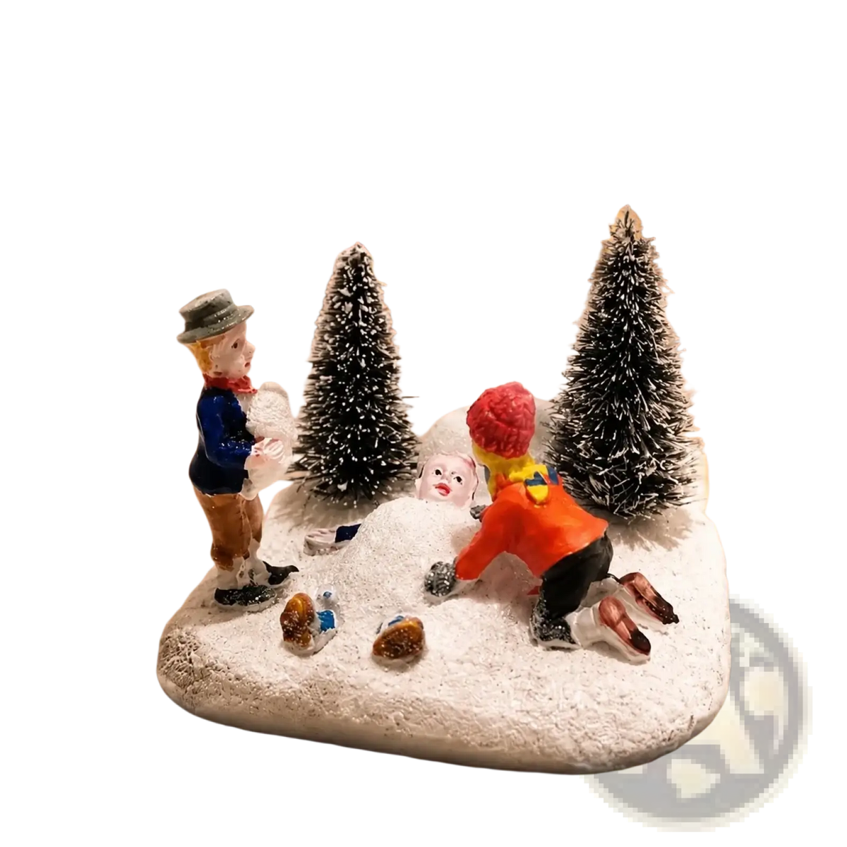 Kids playing snow christmas village figurine set with two children building a snowman on a snowy base with trees and houses