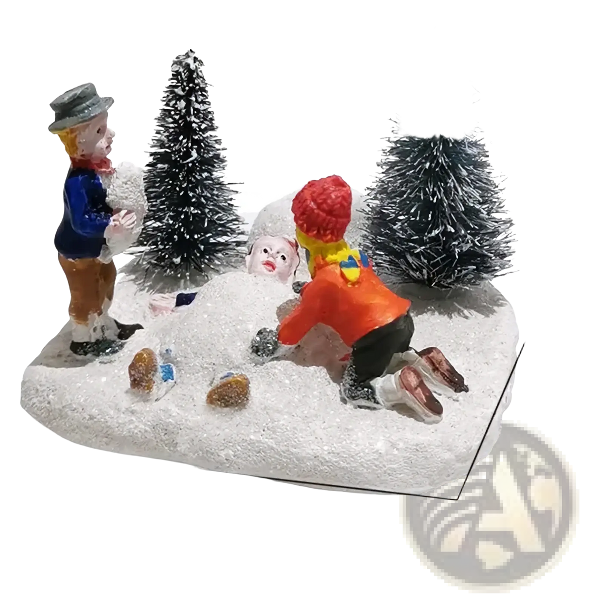 Kids playing snow Christmas village figurine set with colorful children building snowman among frosted pine trees