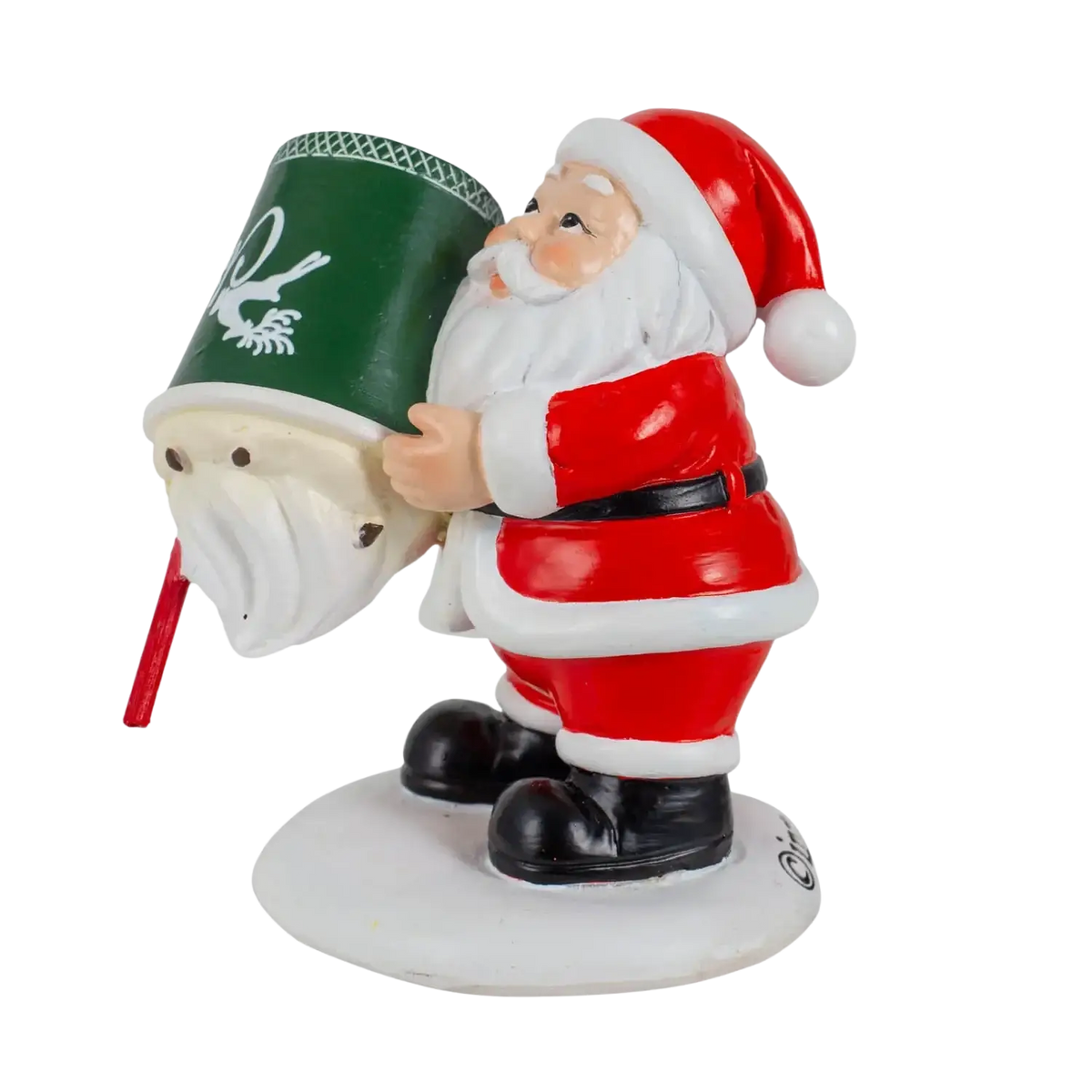 Kids playing snow christmas village figurine of a red and white santa claus holding a green bucket on a circular base