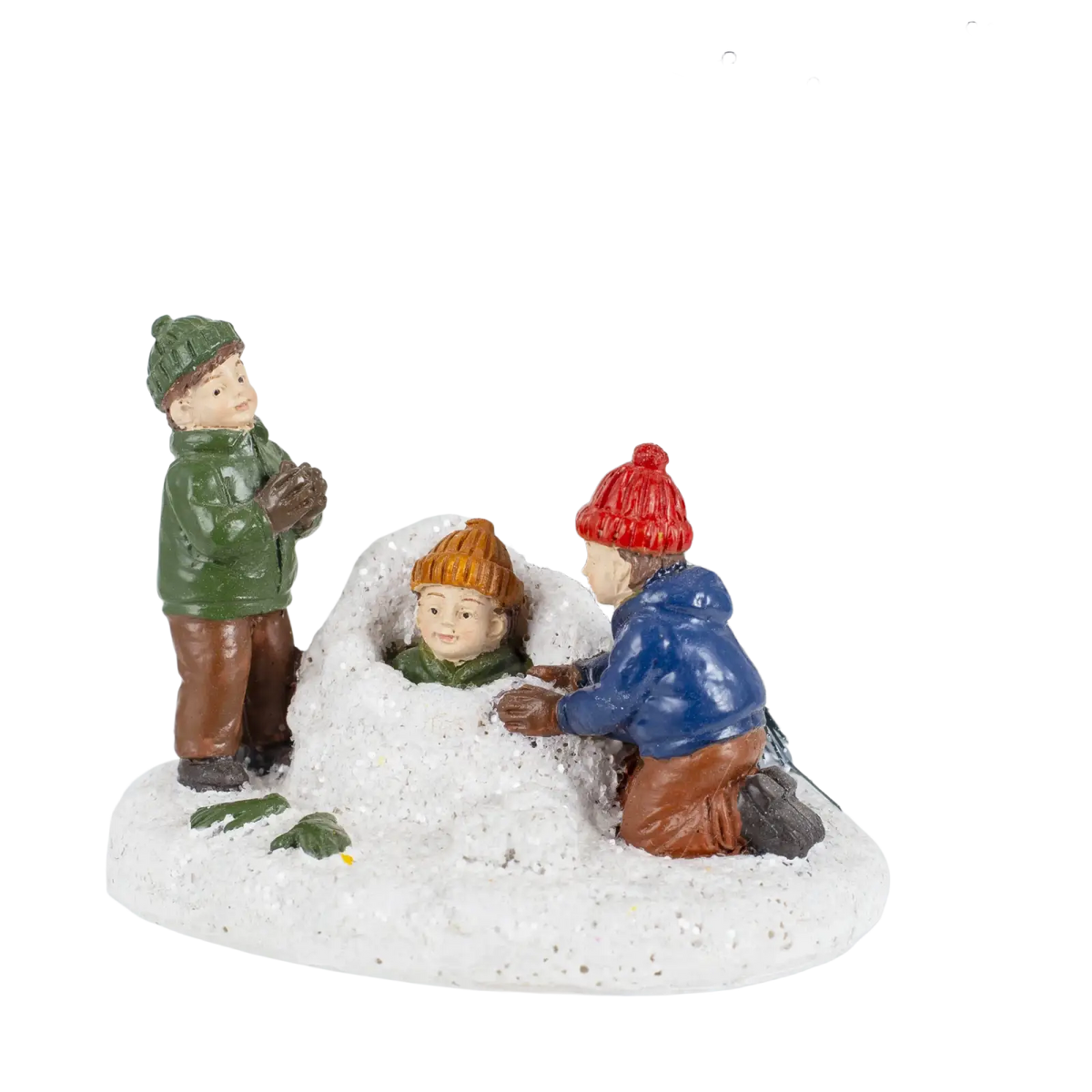 Kids playing snow christmas village figurine set with three children in colorful winter resin building a snow fort with pine trees