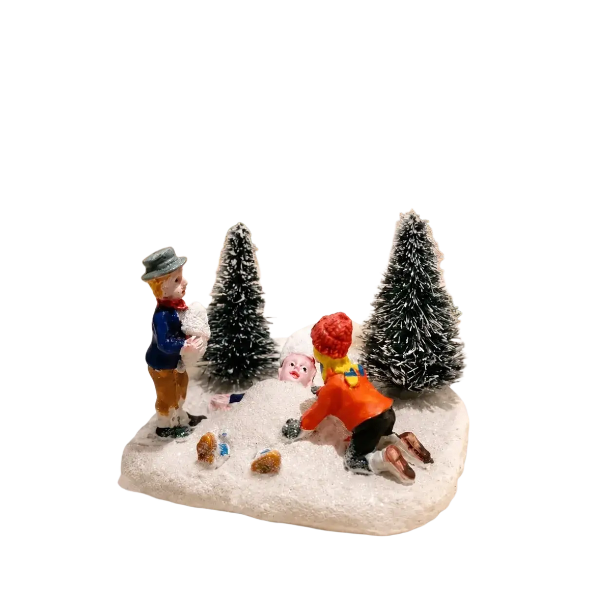 Kids playing snow christmas village figurine featuring two children building a snowman in a festive snowy village scene
