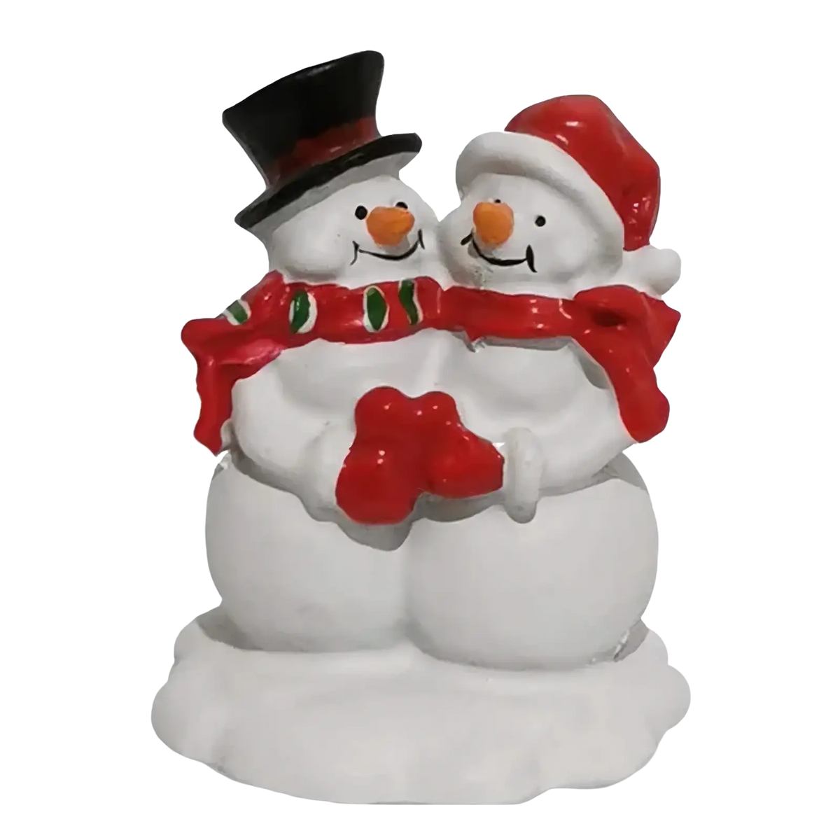 White resin kids playing snow christmas village figurine with snowman couple wearing festive hats and red scarves