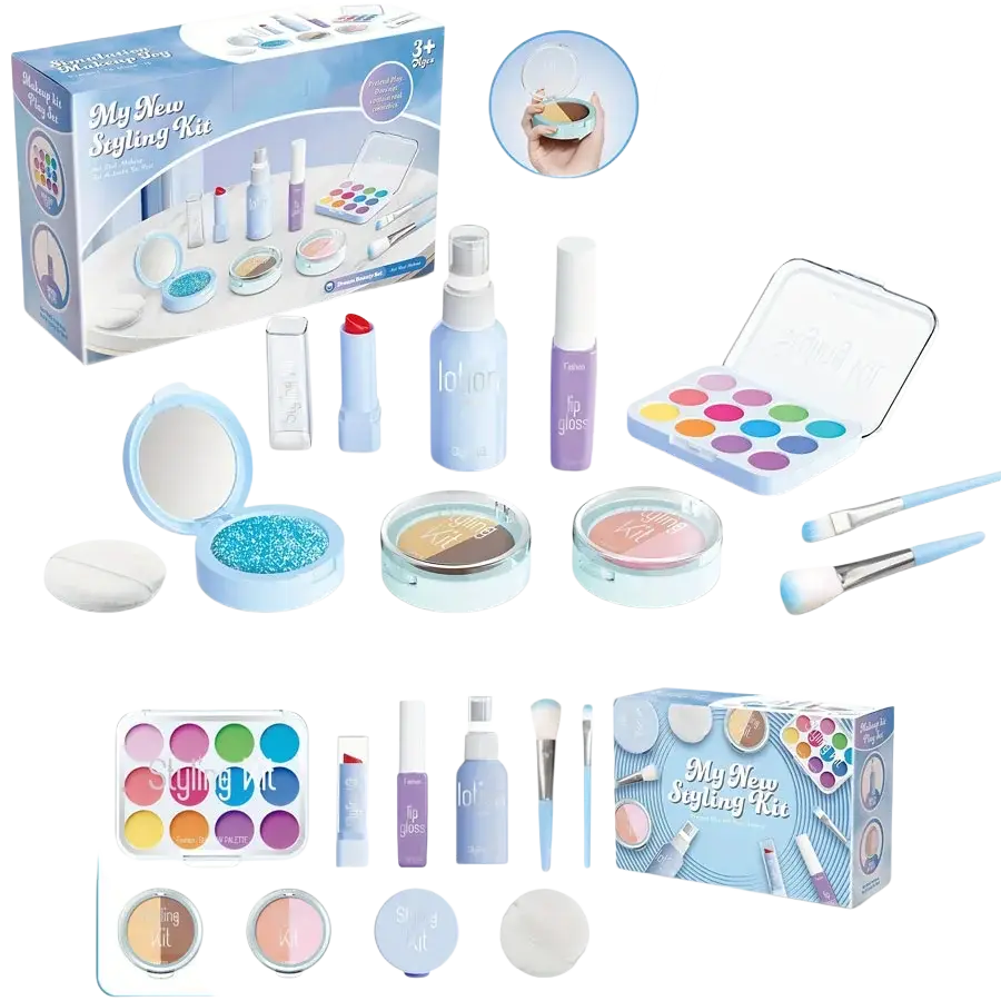 Blue and white kids pretend makeup set with non toxic glittery eyeshadow lip gloss brushes and colorful palettes
