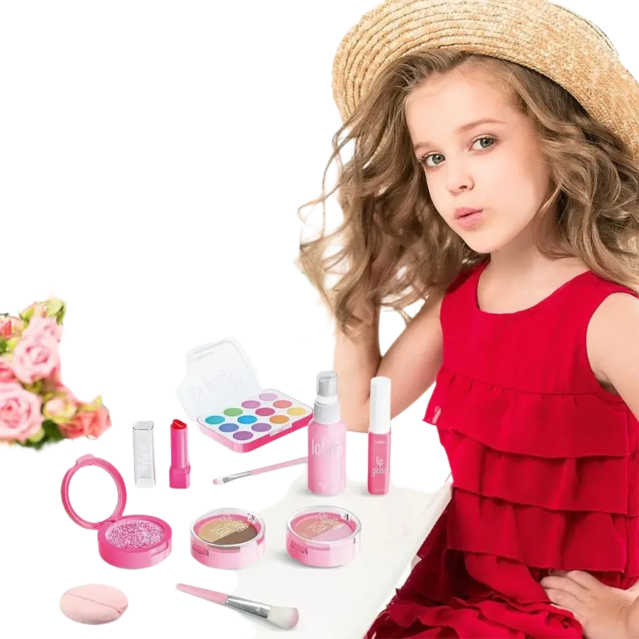 Pink children’s non toxic pretend makeup set with glittery and solid compacts lipsticks brushes and spray bottle
