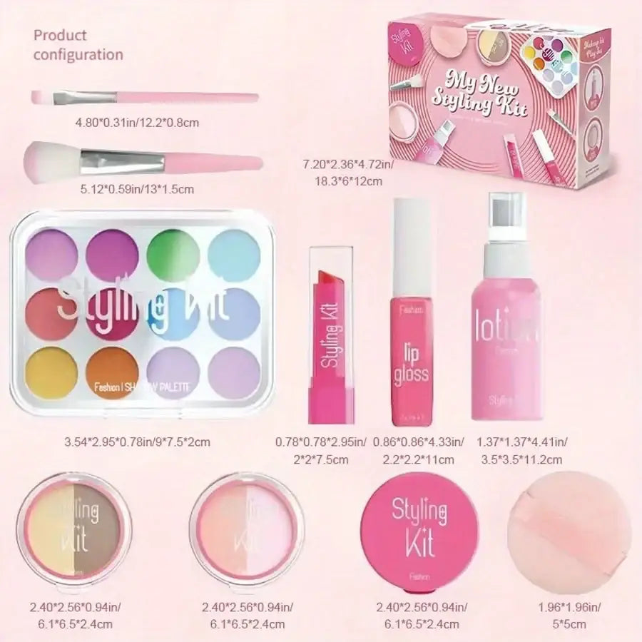 Pink kids pretend makeup set non toxic play cosmetics with assorted styling kit and tools for creative play