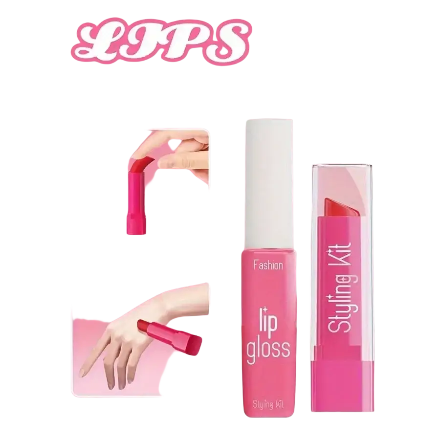 Pink lips pretend play gloss and lipstick set in clear case with white cap non toxic kids pretend makeup set