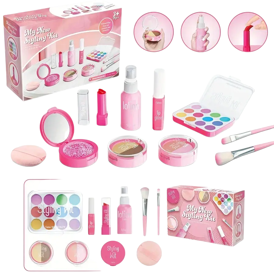 Pink plastic kids pretend makeup set with assorted non toxic cosmetic items and brushes for play styling