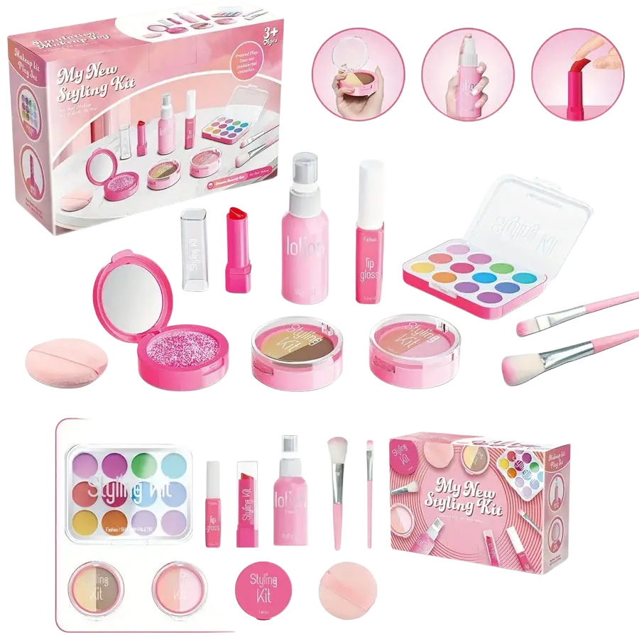 Pink plastic kids pretend makeup set non toxic play cosmetics with lip gloss eyeshadow palettes and brushes