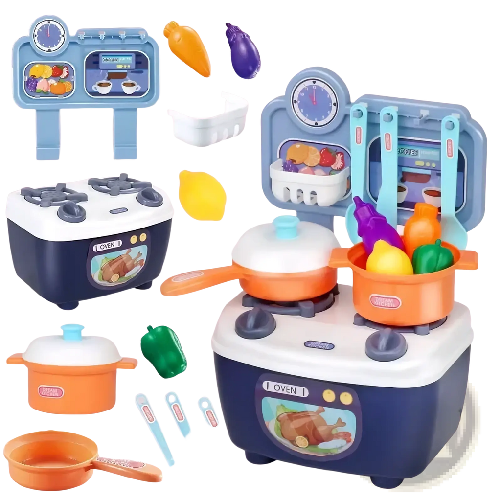 Kids pretend play kitchen toy set in blue and white plastic with orange pots utensils and vegetable accessories
