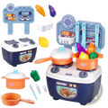 Kids pretend play kitchen toy set in blue and white plastic with orange pots utensils and vegetable accessories