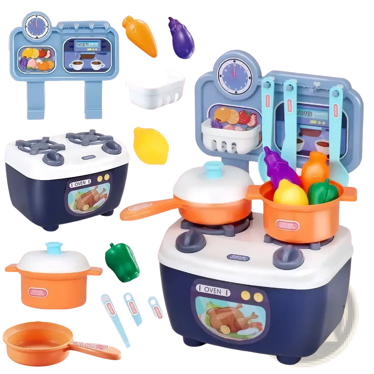 Kids pretend play kitchen toy set in blue and white plastic with orange pots utensils and vegetable accessories