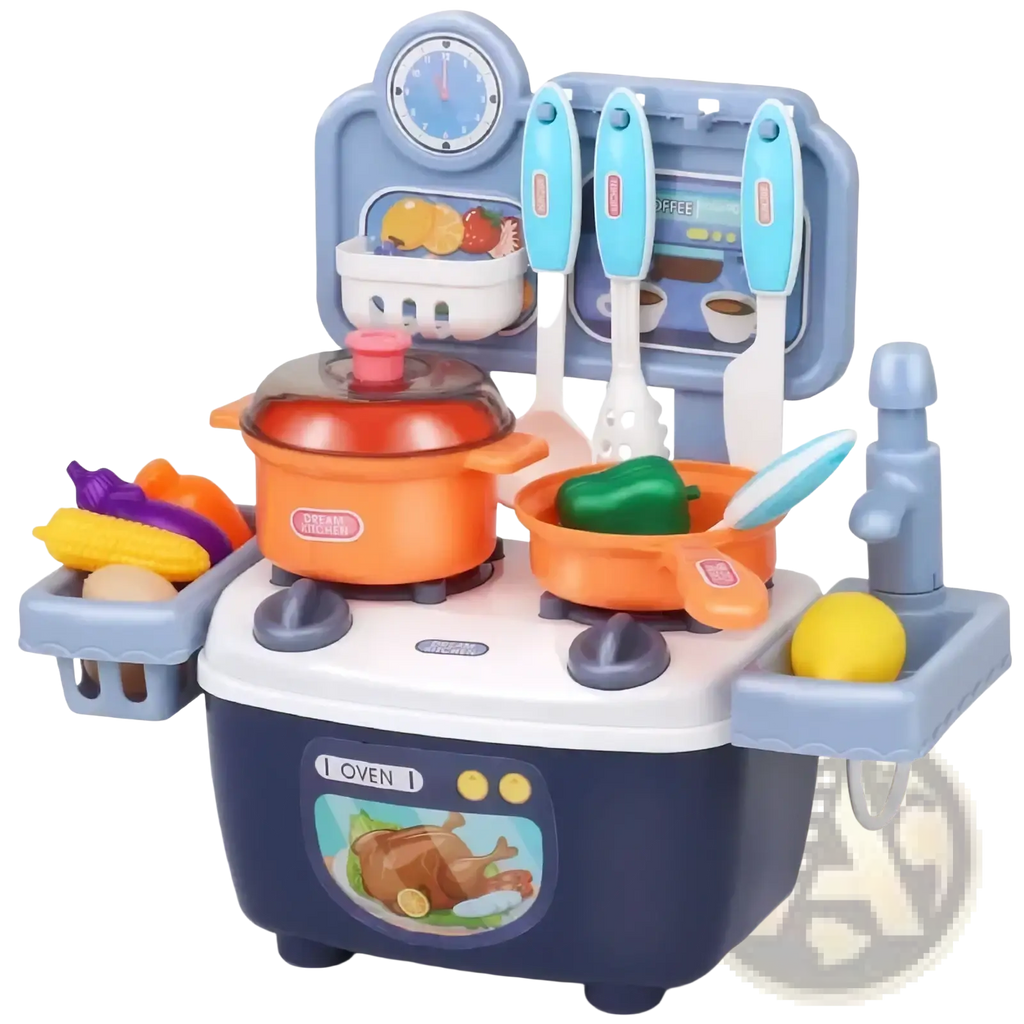Kids pretend play kitchen toy set in blue and orange plastic with clock utensils pots pans and pretend food accessories