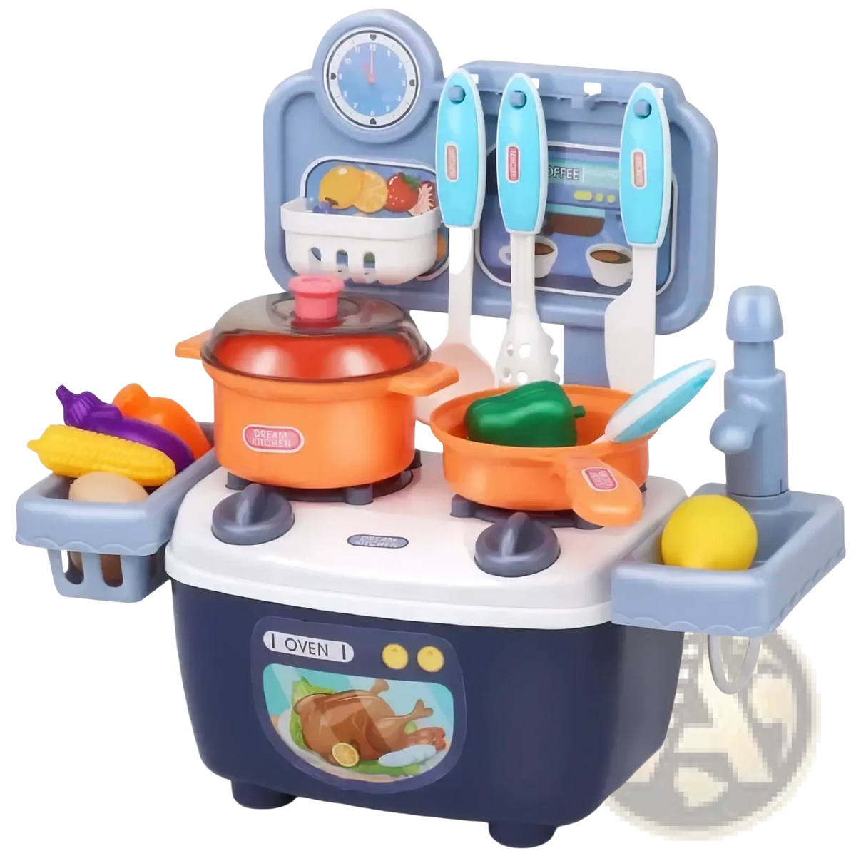 Kids pretend play kitchen toy set in blue and orange plastic with clock utensils pots pans and pretend food accessories