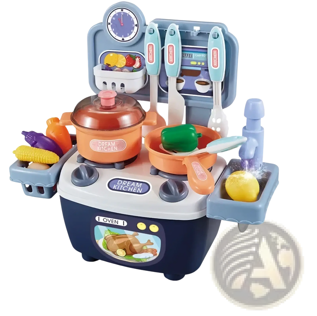 Kids pretend play kitchen toy set in blue and orange plastic with faux food items and utensils for imaginative play