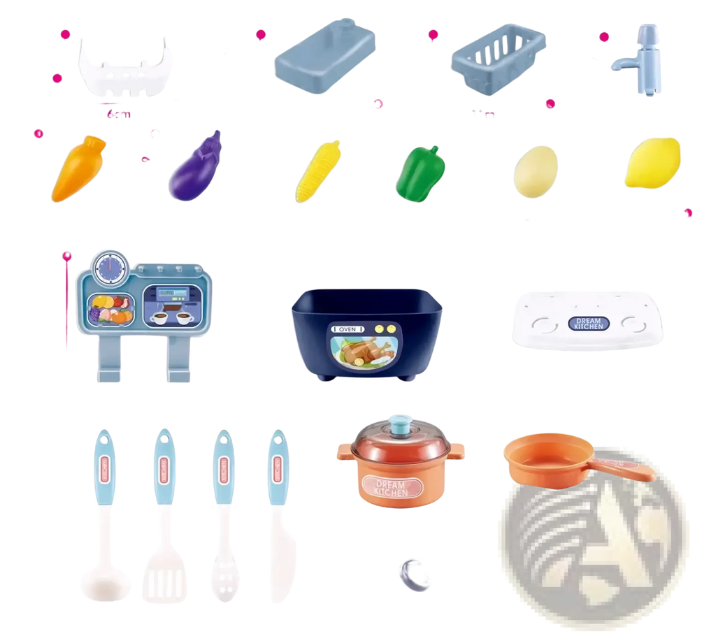Blue plastic kids pretend play kitchen toy set with various utensils and appliances for imaginative cooking play